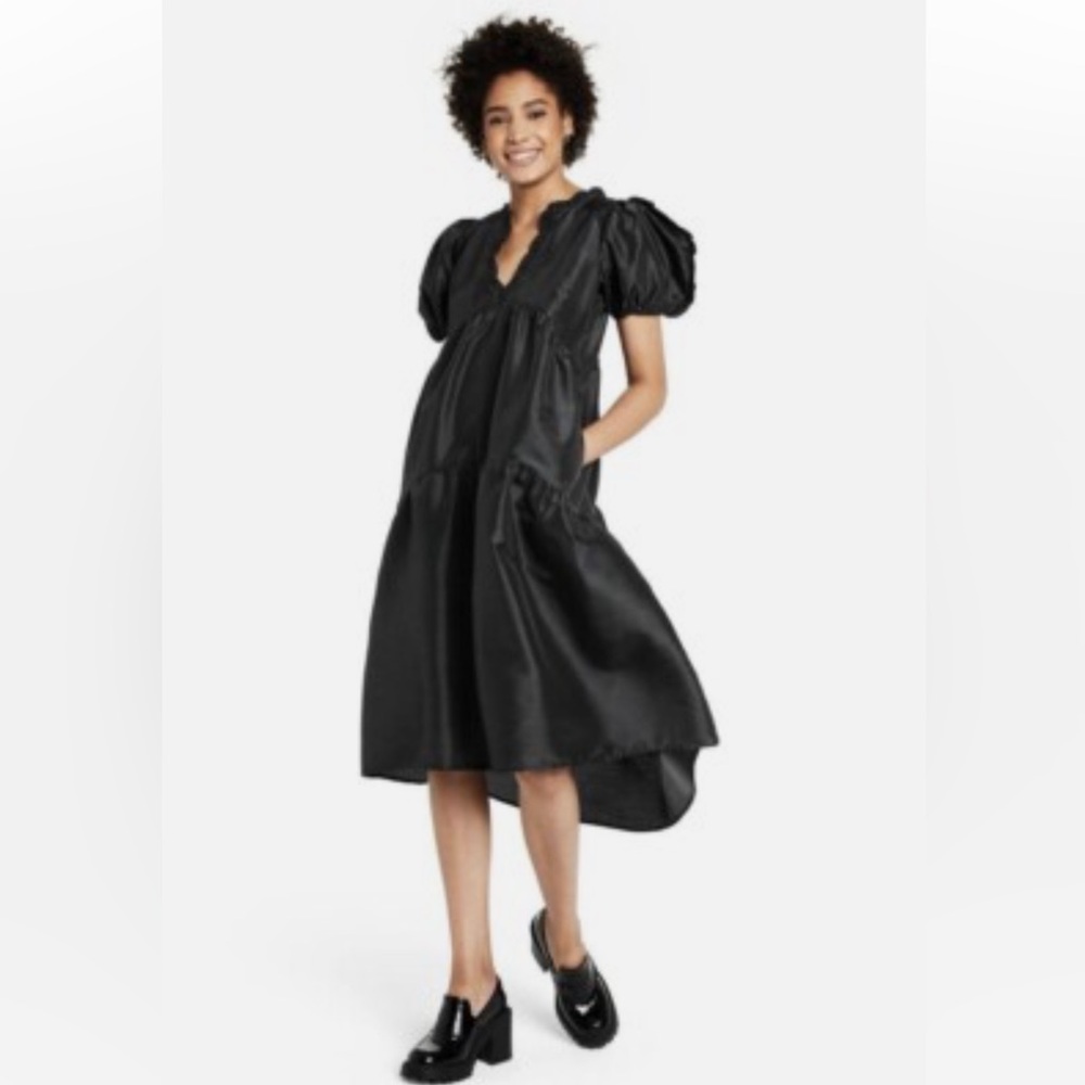 NWT Kika Vargas puffed sleeve black midi dress